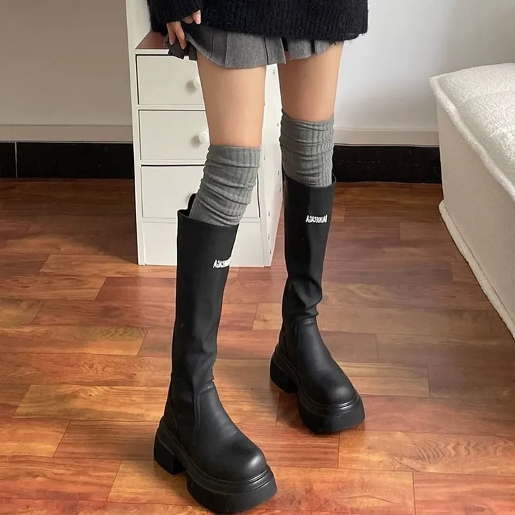 长筒白色粗条美拉德堆堆小腿过膝袜女搭配靴子加绒防寒jk筒袜子