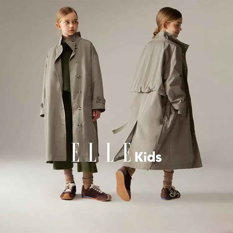 ELLE KIDS 复古立领长款风衣女童秋季新款宽松廓形文艺风外套Q1