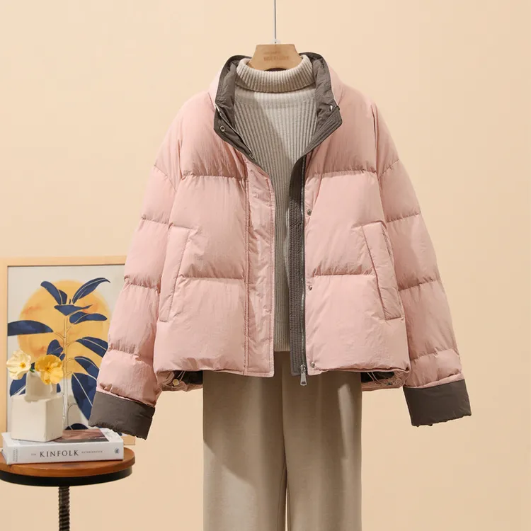 2025冬季时尚糖果色新款羽绒服女士短款拼接色面包外套