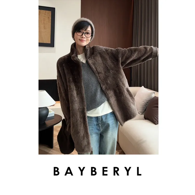 BAYBERYL老贝柚木棕*立领拉贡宽松拉链25秋一体皮衣PY5G3109-9/14