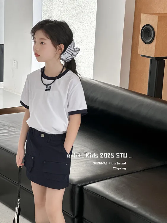 女童夏季休闲套装韩版简约短袖T恤百褶裙两件套