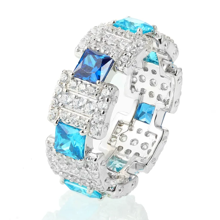 魔匠 925银合成锆石戒指 2025冰糖渐变蓝色满钻戒指情侣男士尾戒