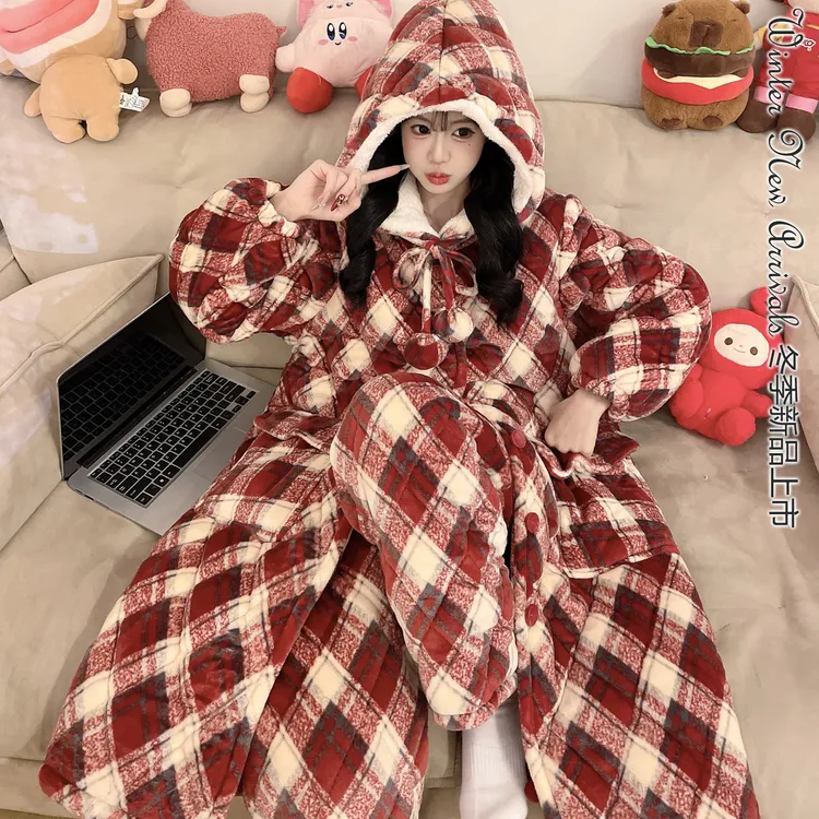 【红格子冬季新款袍套睡衣】女士三层加厚加绒夹棉睡衣套装可外穿