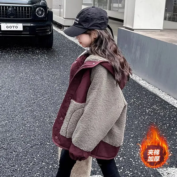 女童外套秋冬款2025新款洋气女大童冬装拼色夹棉加厚连帽毛毛衣