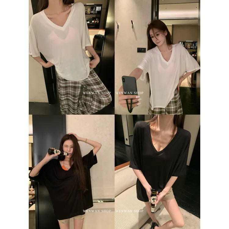 【2色T王】2色！V领宽松显瘦百搭上衣短袖T恤