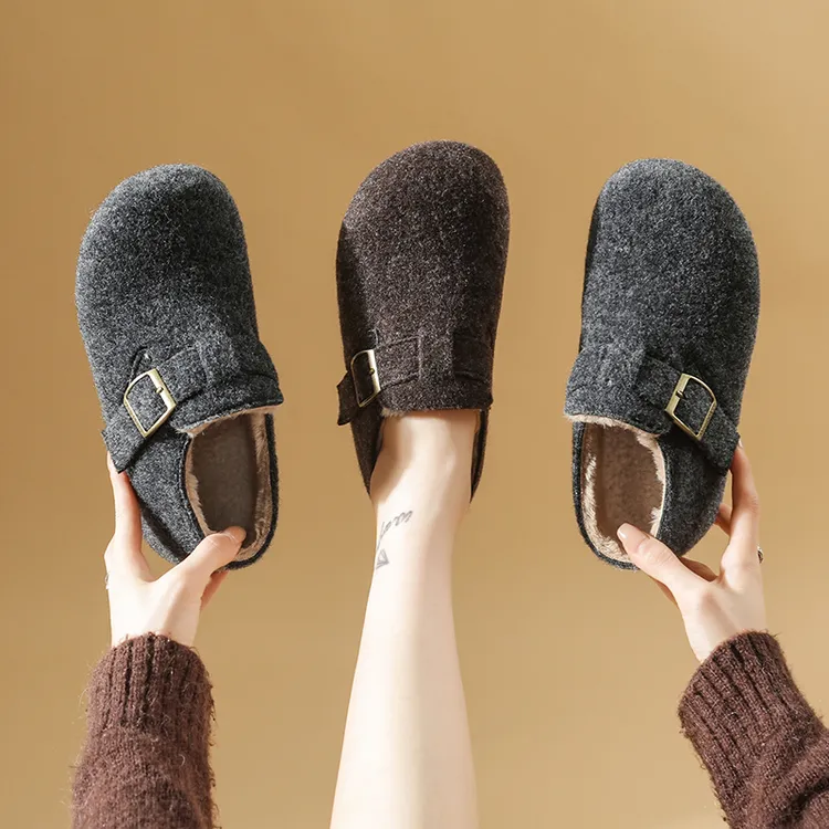【品牌】复古圆头毛毡勃肯鞋女秋冬季一脚蹬保暖毛呢乐福鞋669