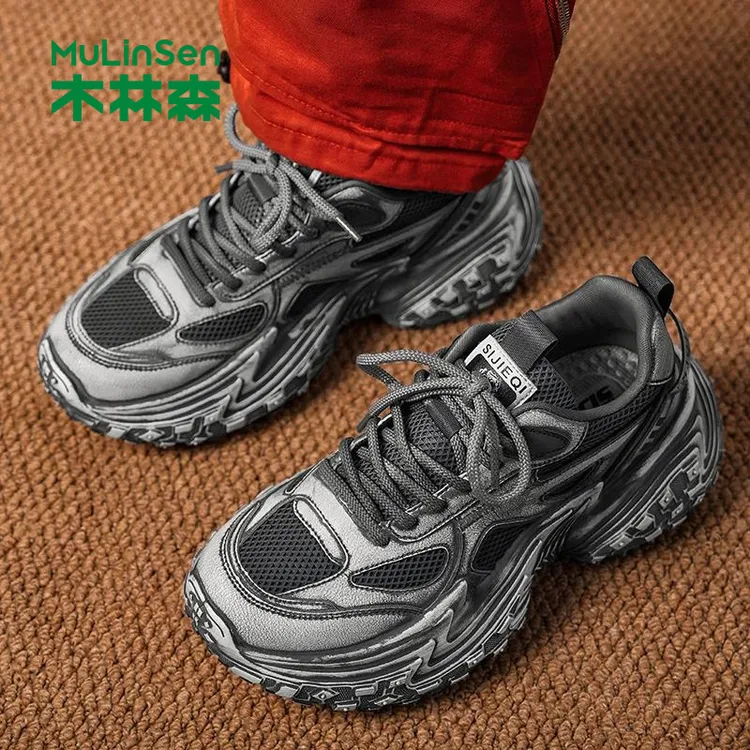 木林森夏季男鞋2025新款复古做旧老爹鞋轮胎底青少年网面透气运动