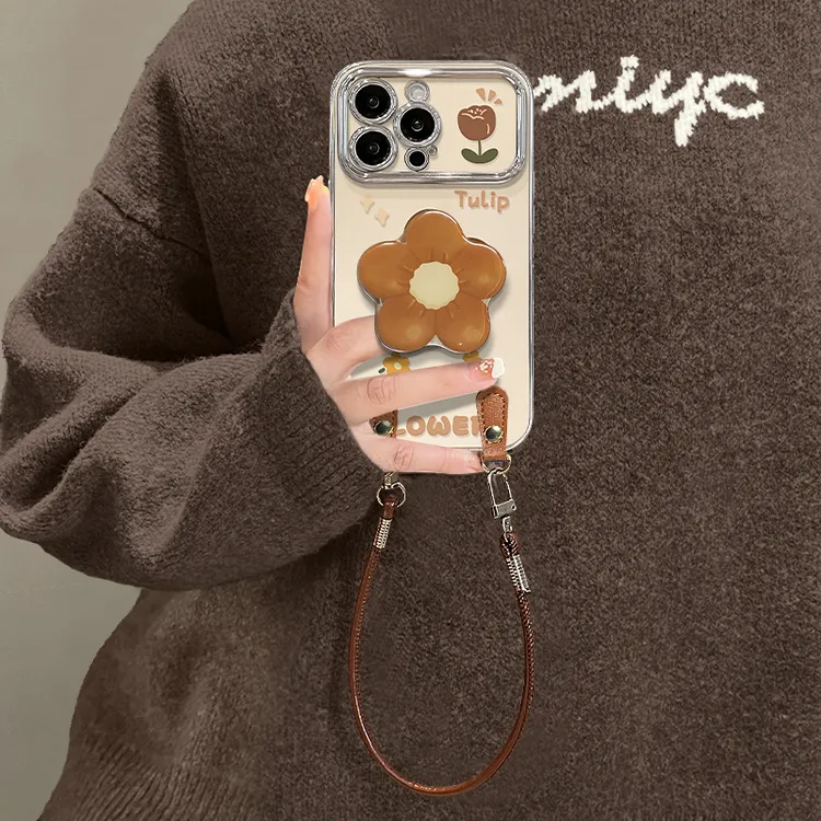 棕色花支架适用苹果17华为vivo/oppo小米iPhone电镀大视窗手机壳