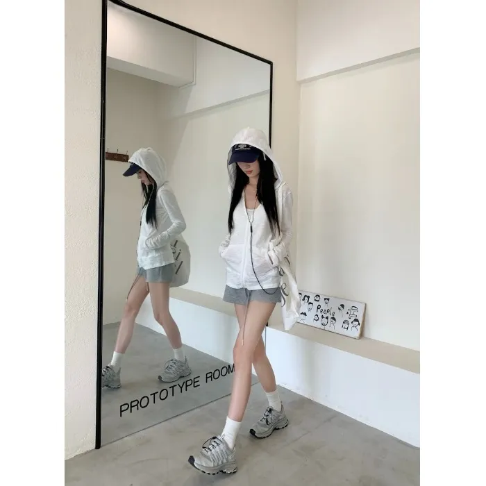 时尚套装设计感连帽长袖气质外套女夏季中腰纯色休闲裤短裤两件套