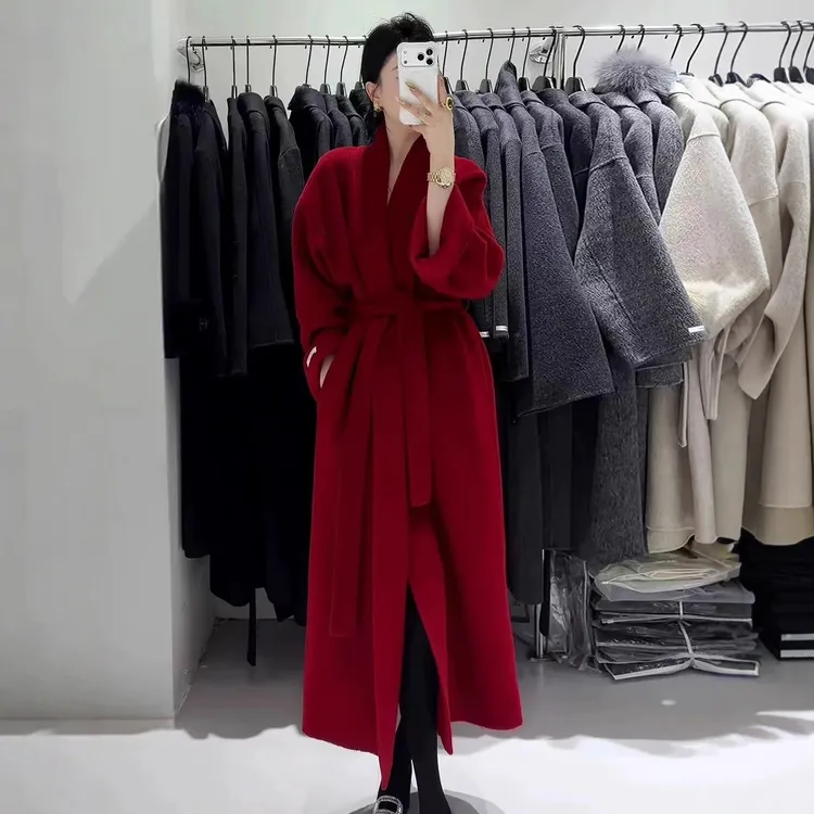 平安夜新年红色双面羊绒大衣女长款高级感宽松系带羊毛呢外套女