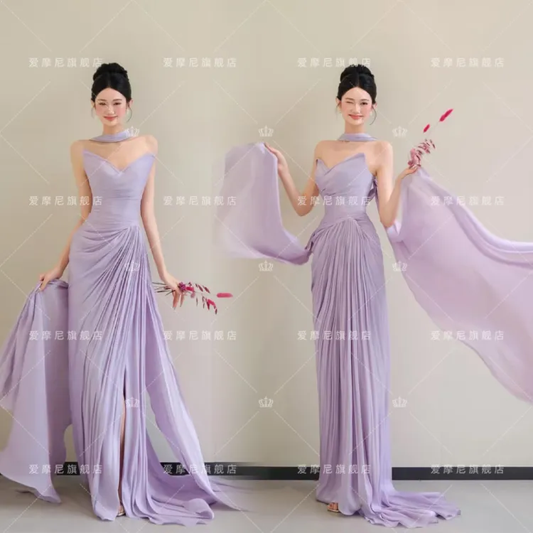 紫色抹胸晚礼服设计感小众缎面轻婚纱新娘晨袍女订婚鱼尾连衣裙