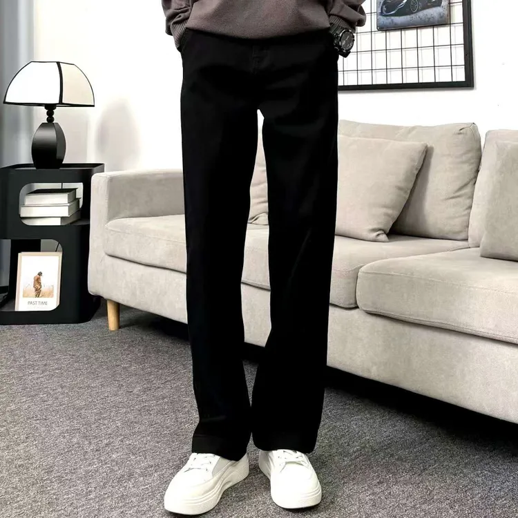 经典黑色弹力显瘦舒适百搭休闲简约口袋装饰男士直筒牛仔裤潮流