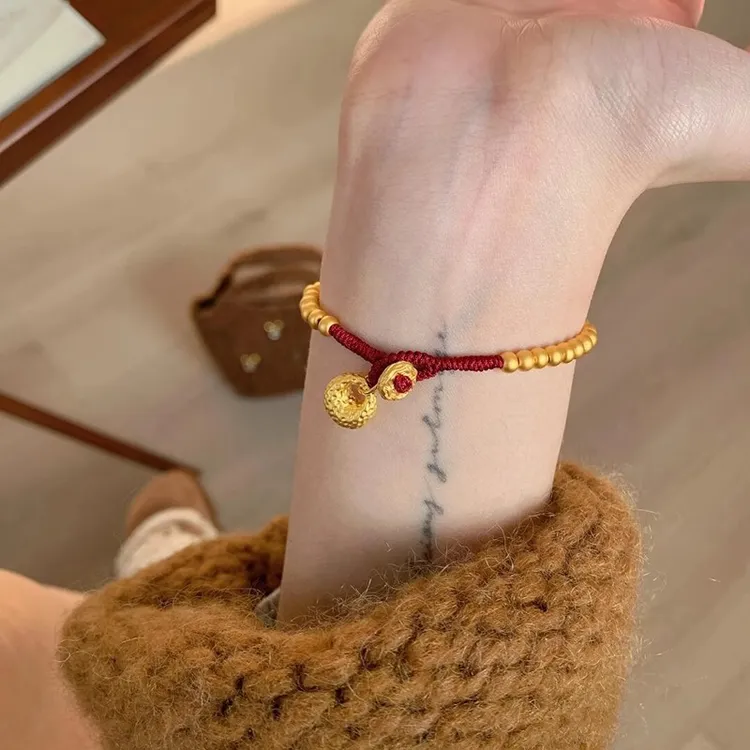 「金珠纳福」复古锤纹福坨串珠手链女新中式金色圆珠红绳编织手绳