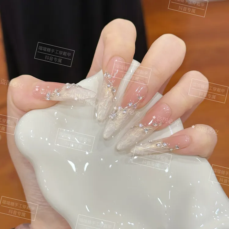 月光•贝纹 手工穿戴甲贝母螺纹银色锆石显白光疗美甲可拆卸穿戴甲