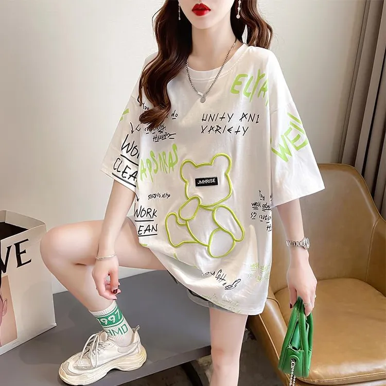 欧货重工小熊短袖恤女夏装新款大码女装宽松韩版中长款上衣