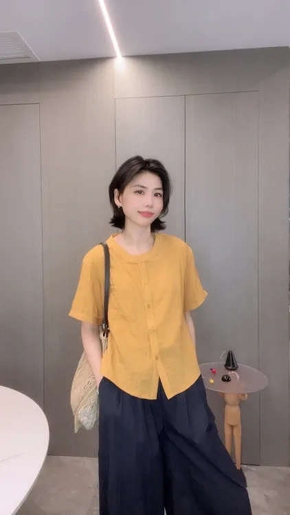 衬衫女气质圆领薄款纯色上衣夏