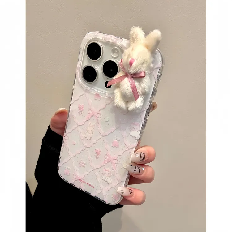 BANCA粉格立体毛绒兔子适用iPhone17/16手机壳华为vivo小米15oppo
