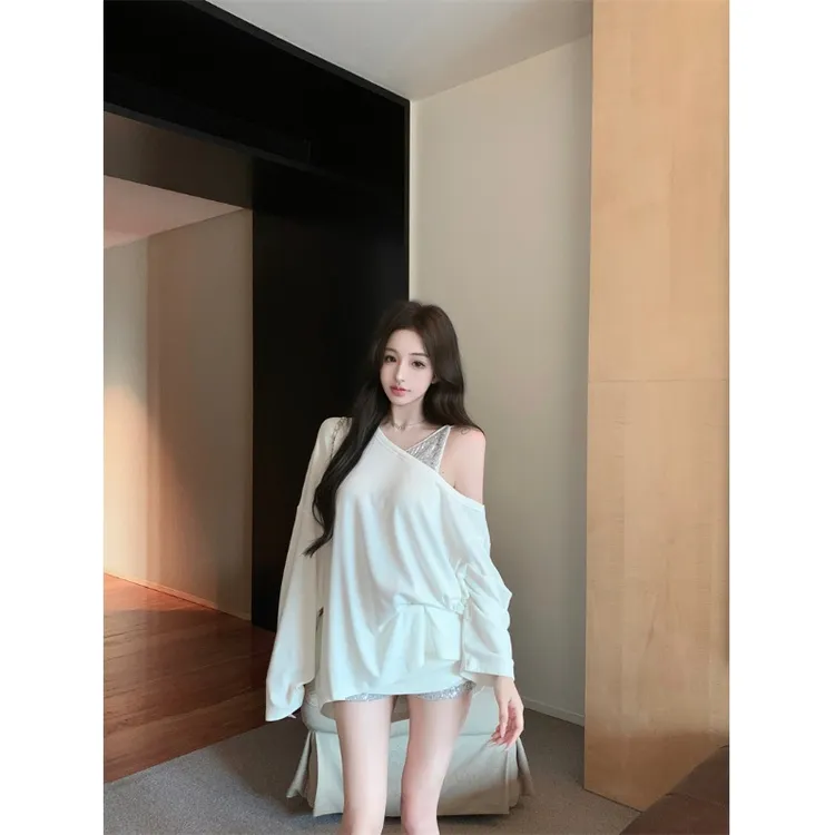 法式短袖薄款亮片拼接bling套装蝙蝠袖宽松长袖上衣修身V领短裙裤