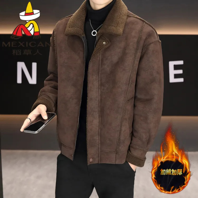 稻草人皮毛一体皮衣冬季加绒加厚复古新款机车翻领夹克保暖宽松外