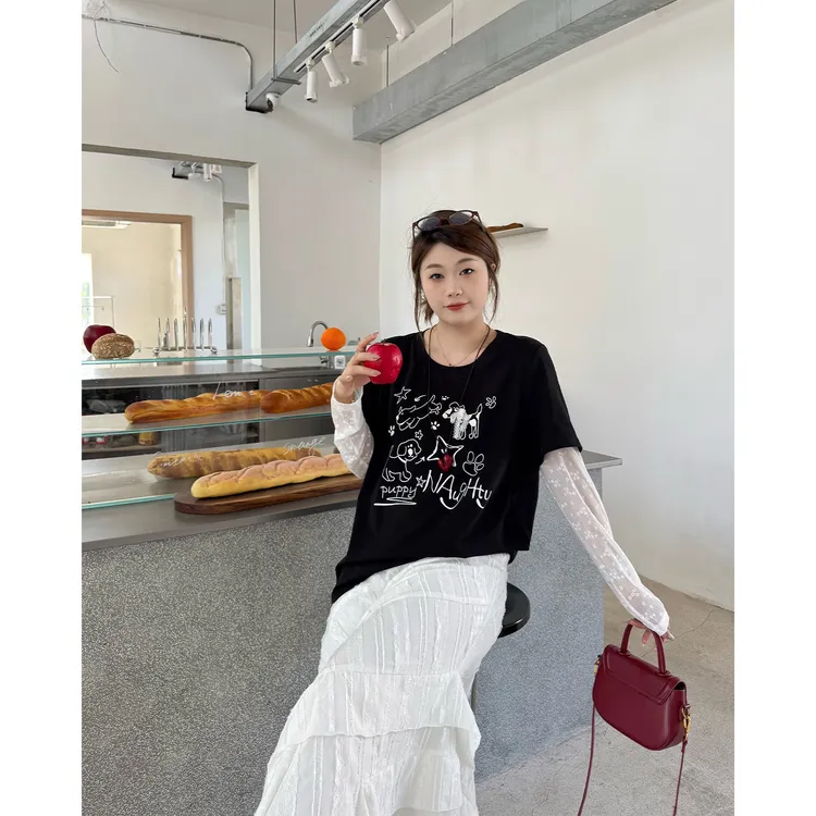 裂渡宣宣【叠穿趣味】微胖大码女夏时尚ins假两件蕾丝袖T恤ZY504A89