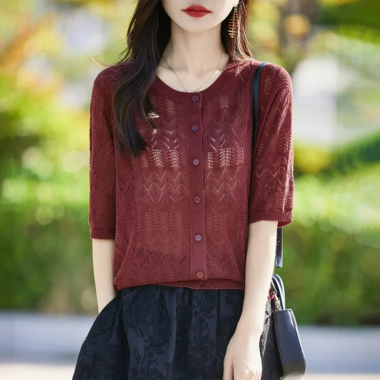 哥弟阿玛施官方新款法式镂空亚麻针织衫夏季时尚洋气百搭短袖上衣