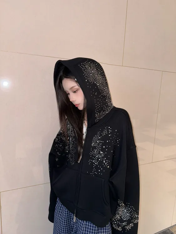 满钻基础外套卫衣女秋冬季空气美式hiphop高街ins衣服