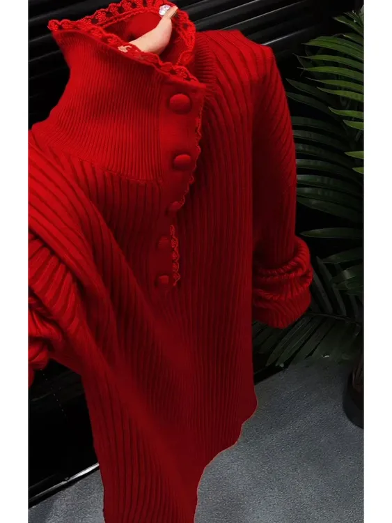 今年流行穿搭2025秋冬新款温柔风蕾丝花边拼接半高领针织长袖上衣