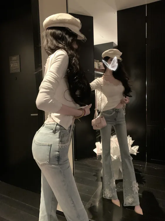 【雅乔定制】走花路 蕾丝钉珠高腰复古微喇牛仔裤女DYZY-25107788