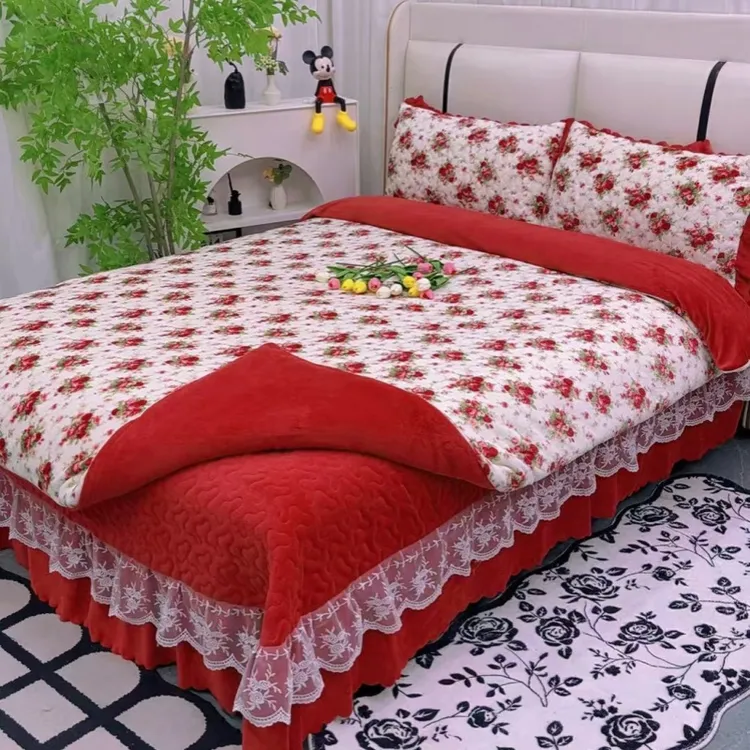 双面加绒加棉韩版牛奶绒床盖四件套绗缝双层单人加厚夹棉床上用品