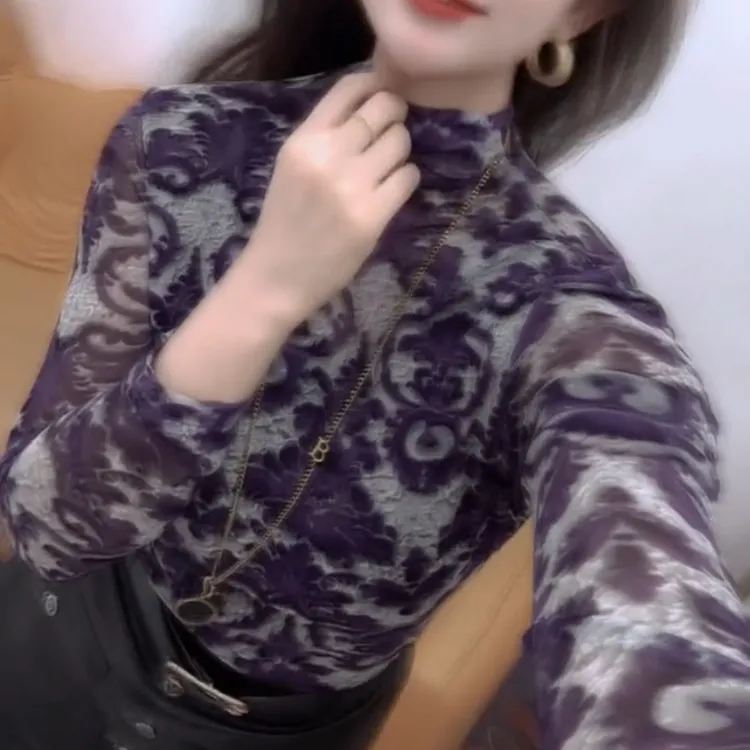 秋冬新款印花立领长袖网纱打底衫女洋气个性百搭修身上衣内搭T恤