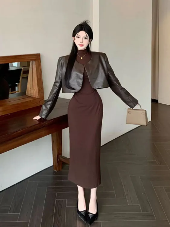 大码梦姐*高级感轻奢坎肩连衣裙+pu皮衣两件套时尚气质名媛高腰