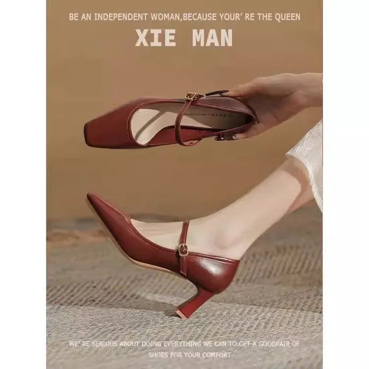 法式黑色软皮面粗高跟鞋女不累脚金属扣带玛丽珍两穿浅口尖头单鞋