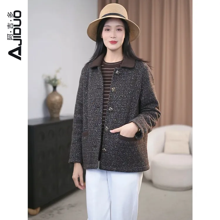 阿吉多A32907百搭翻领毛呢外套女高端气质妈妈装夹棉保暖棉服大衣