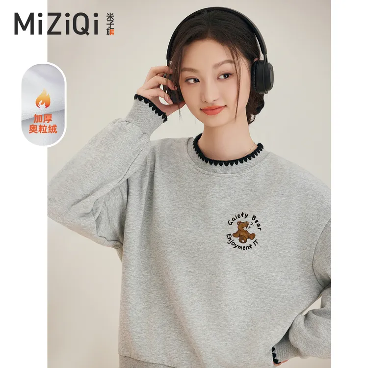 米子旗灰色圆领卫衣女冬季加绒加厚小个子宽松休闲短款套头上衣潮