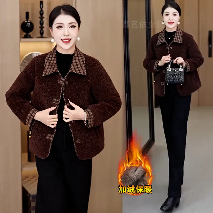 加绒加厚毛呢短外套女冬季新款洋气显瘦保暖翻领拼接格子呢子大衣