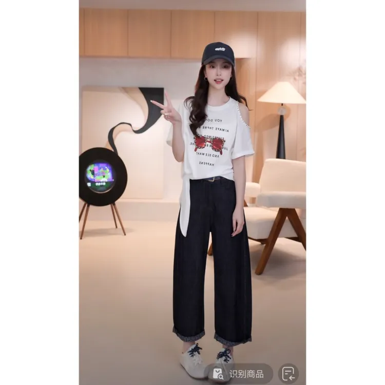 C05227新款韩系小众宽松显瘦露肩彩色珠子眼镜字母绑带短袖T恤