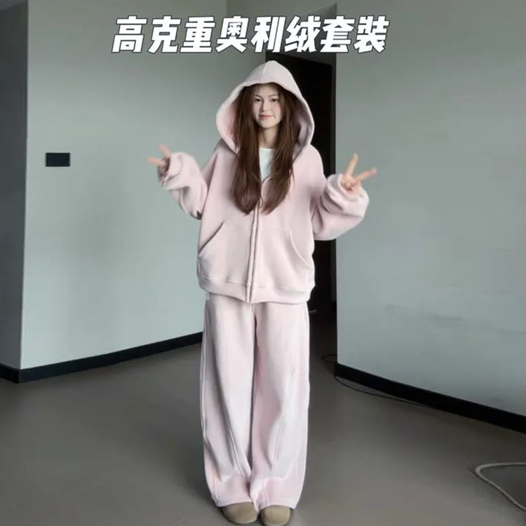 韩系高级感穿搭一整套女2026新款秋冬季粉色休闲运动卫衣两件套装