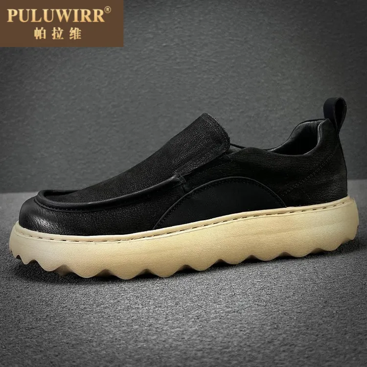 PULUWIRR头层磨砂牛皮轻便软底百搭男鞋2025春秋季新款套脚真皮休
