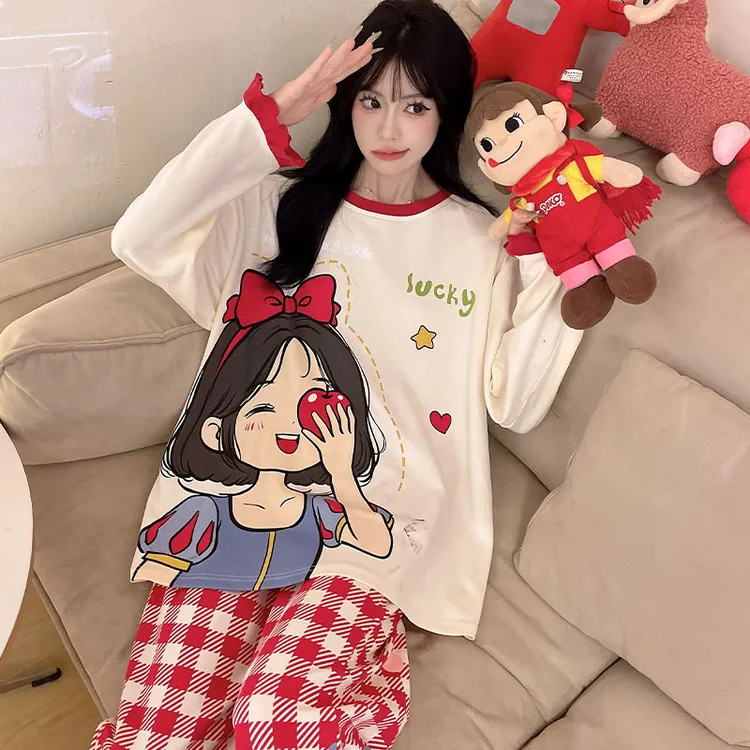 纯棉睡衣女春秋季长袖卡通可爱甜美公主风加大码可外穿家居服套装