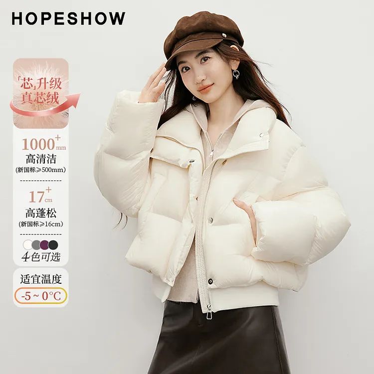 红袖2025冬季新款女装90白鸭绒龟背拼接立领短款羽绒90125320910