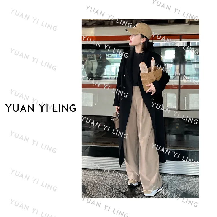 袁艺灵【F家限定】重磅羊毛高端双排扣水貂口袋V领毛呢大衣