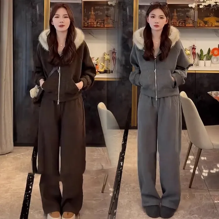 韩系慵懒风大毛领连帽卫衣女今年冬季新款休闲运动显瘦外套阔腿裤