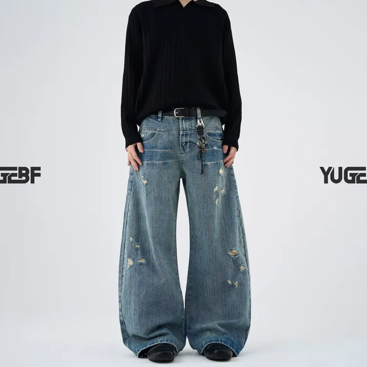 YUGEBF美式高街竹节纹磨破水洗牛仔裤男女新款设计感宽松弯刀裤子