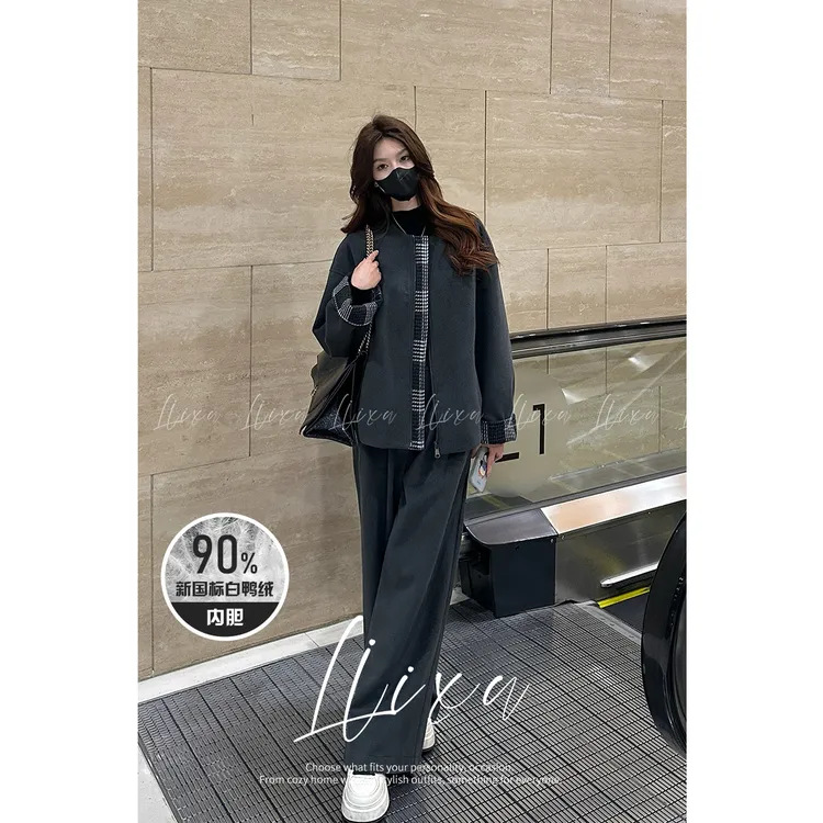 Liixu秋冬毛呢套装女羽绒内胆外套高腰阔腿裤两件套L48TZ037