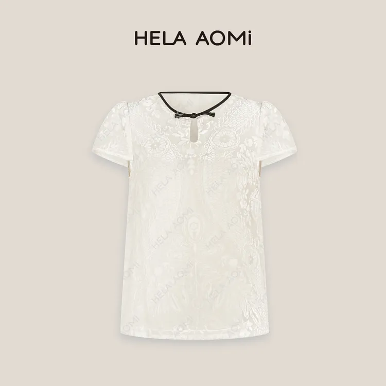 HELAAOMI“人丝丝绒”撞色圆领浮雕印花设计感衬衫上衣CY5BC11456