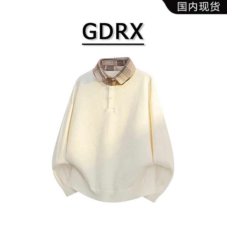 GDRX学院风衬衫领男款毛衣2025秋季慵懒风休闲宽松男士轻奢上衣