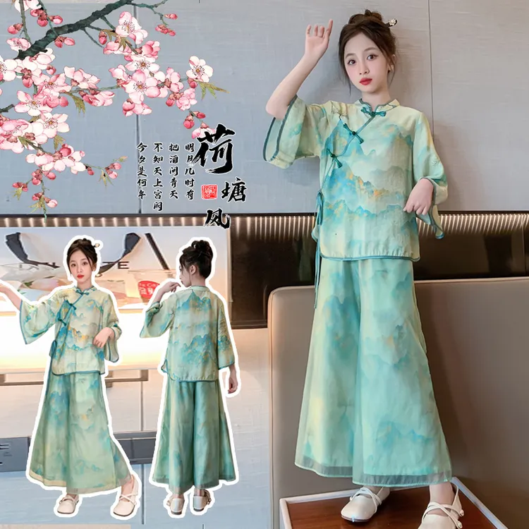 女童秋季新款汉服水墨江南风改良儿童套装甜美棉布件套
