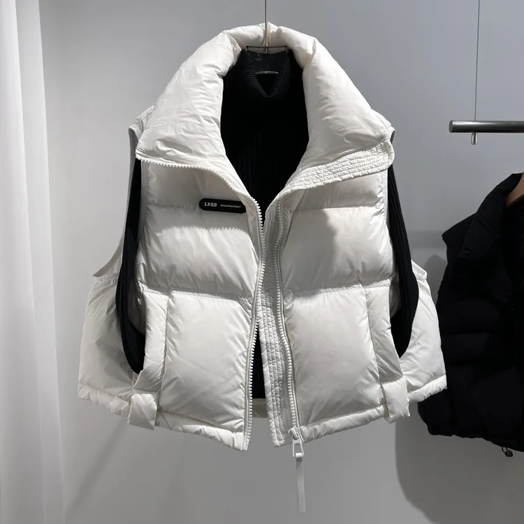  2025秋冬新加厚国标马甲白鸭绒立领坎肩女小短款宽松马甲