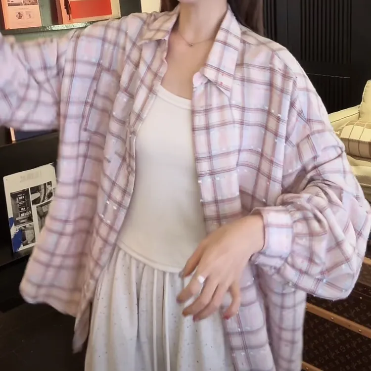 治愈系女友神仙粉格织带衬衫女2025新款秋季小众设计感长袖衬衣