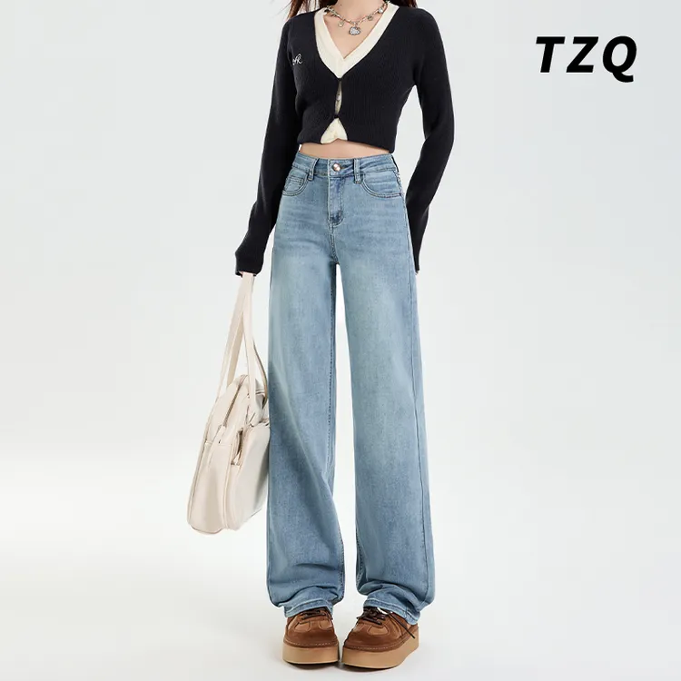复古美式加绒2025春秋小个子修身牛仔裤女高腰阔腿裤子TZQ2511064